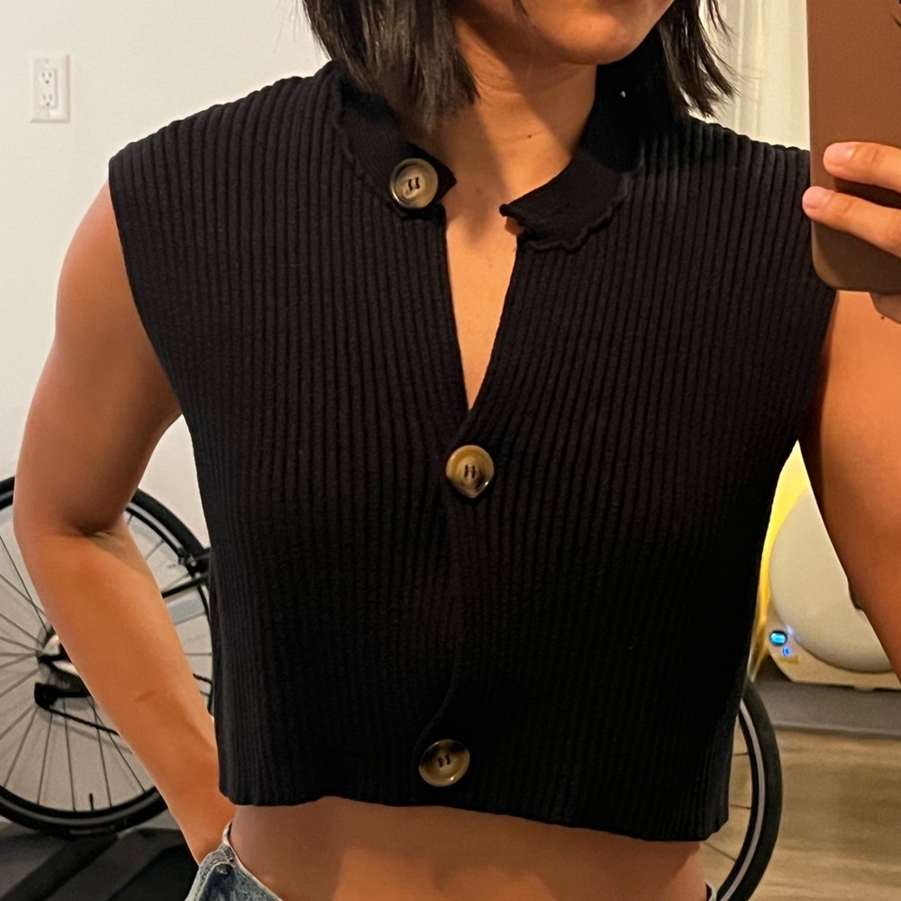 Free People Black Ribbed Button-Down Crop Top